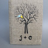 Wedding rustic guest book burlap Linen Wedding guest book Bridal shower engagement anniversary Light blue and Yellow Cardinals on the Tree