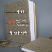 Wedding rustic old style photo album or scrapbook burlap Linen Bridal shower anniversary Birds crows on wire Orange and white