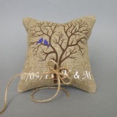Wedding rustic natural Burlap linen Ring Bearer Pillow Purple Birds on Brown tree and linen rope