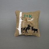 Wedding rustic natural linen Ring Bearer Pillow Two Black Moose shilluets and initials under the Birch tree and linen rope