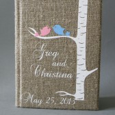 Wedding rustic guest book burlap Linen Wedding guest book Personalized pink and blue bird on the birch tree