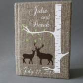 Wedding rustic guest book burlap Linen Wedding guest book Doe and Buck under the Birch tree green spring leaves