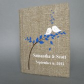 Wedding rustic guest book burlap Linen Wedding guest book White birds on the tree Navy blue leaves