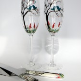 4 pc SET of Hand painted Wedding Toasting Flutes Champagne glasses and cake knives Teal birds on tree and spring flowers