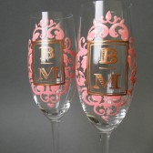 Hand painted Wedding Toasting Flutes Set of 2 Personalized Champagne glasses Initials pink royal lace