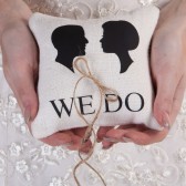 Wedding rustic natural linen Ring Bearer Pillow Black groom and bride shilluets