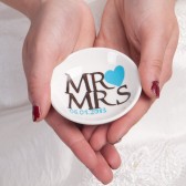 Hand painted Wedding Ring Pillow Alternative , Wedding Ring Dish Mr and Mrs text and turquoise heart