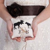 Wedding rustic natural linen Ring Bearer Pillow Black Moose shilluets and initials