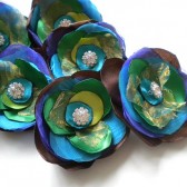 Peacock Blue Green Satin Organza Flowers clip with Rhinestone- Handmade Flowers wedding