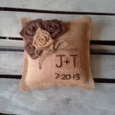  8" x 8" Natural Burlap Ring Bearer Pillow w/ Rosettes -Jute Twine-Custom-Intials & Wedding Date