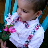 Pink and grey diagonal plaid bow ties & suspenders