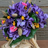 purple hydrangea and pink rose bouquet