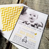 Photo Baby Birthday Card Invitation : Whimsical and Rustic Gray and Yellow Baby Invitation