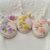 Bridesmaid set of 3 Shabby floral hand embroidered pendant necklaces