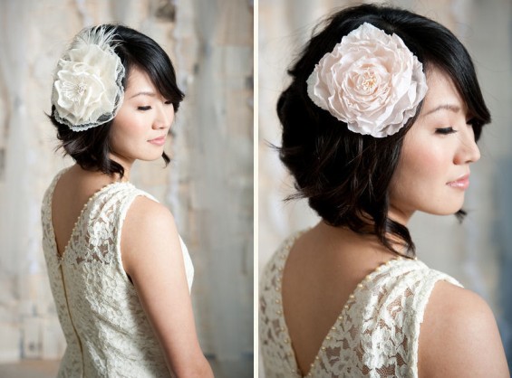 pink-hair-flower pink hair flower and white hair fascinator with tulle