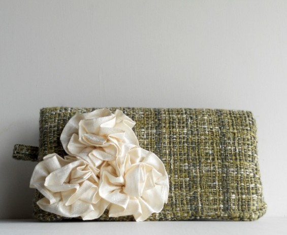 clutch purse with green and white rosette