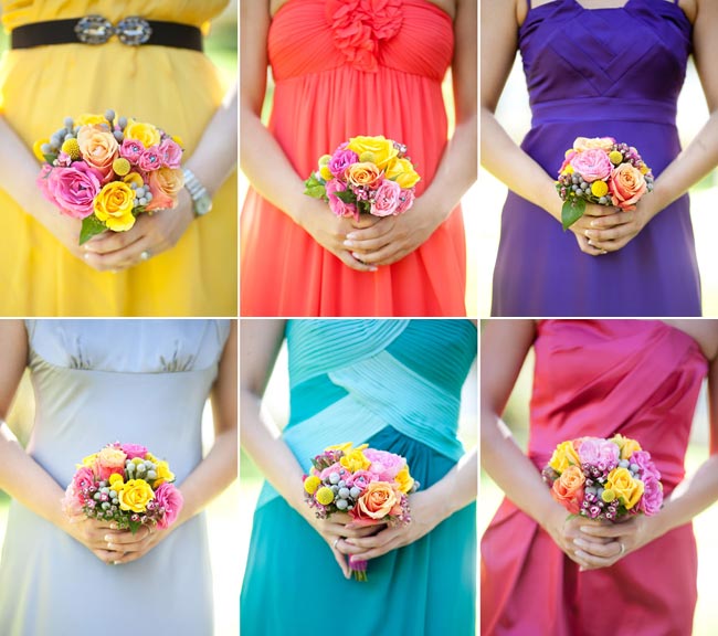 Using bright pops of color in complementary tones each bridesmaid selected a