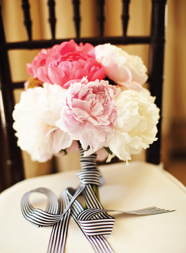  bold pinks from the peonies against the black and white striped ribbon