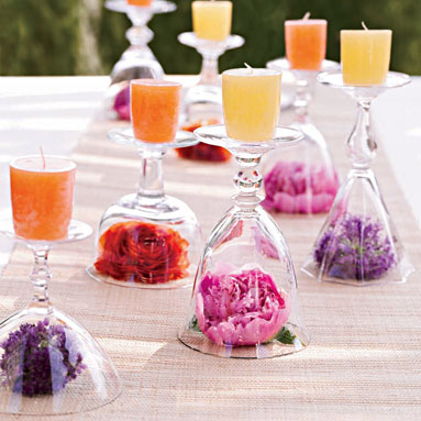 Just find your favorite colorful flower stemmed wine glasses and candles