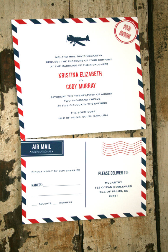 air mail wedding invitation by Jack Jill Wedding with tearoff postcard