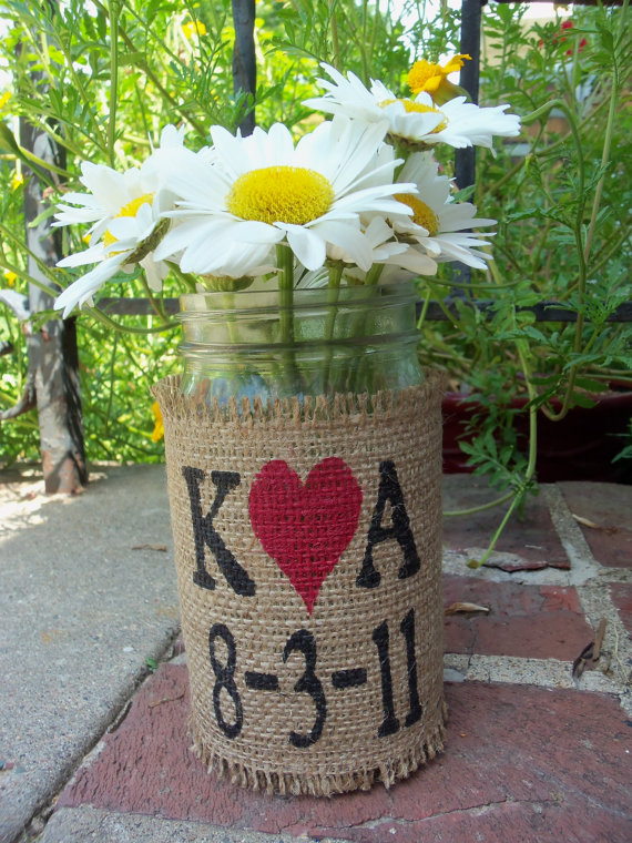  and can tie in your wedding colors too burlap wrapped mason jar