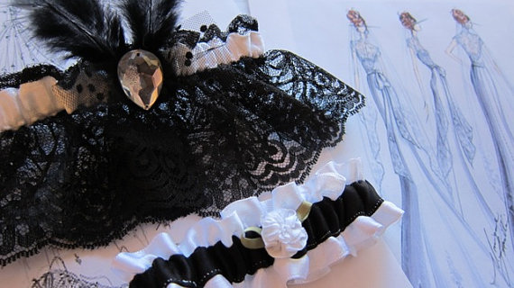Black garter with feather detail wedding garters