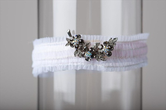 White garter with black brooch handmade wedding garters
