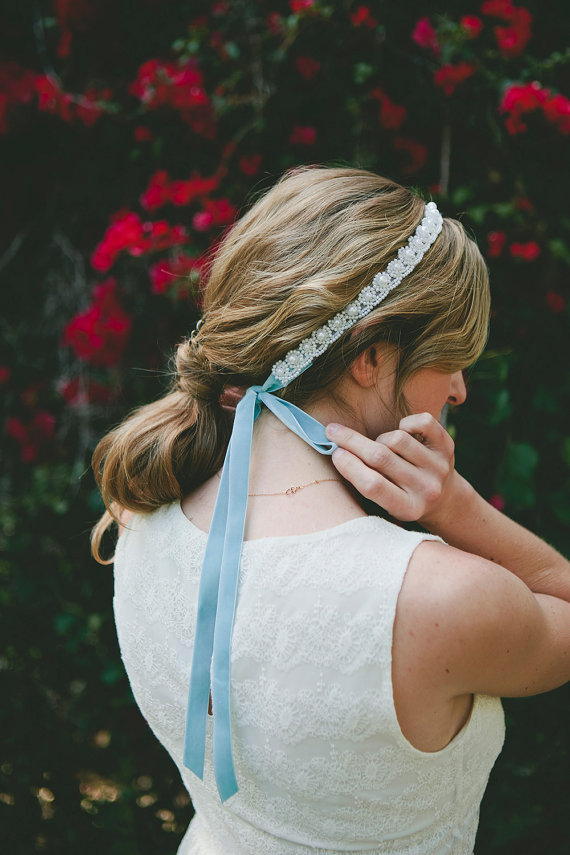 Vintage Rhinestone Lace Bridal Tie Headband or Sash