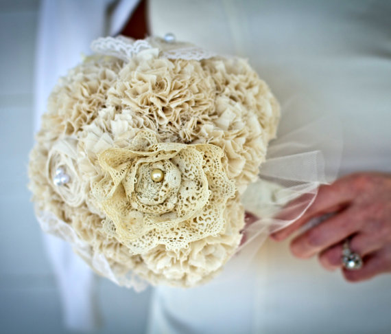 Carry a fabric lace wedding bouquet down the aisle like this one by Autumn 