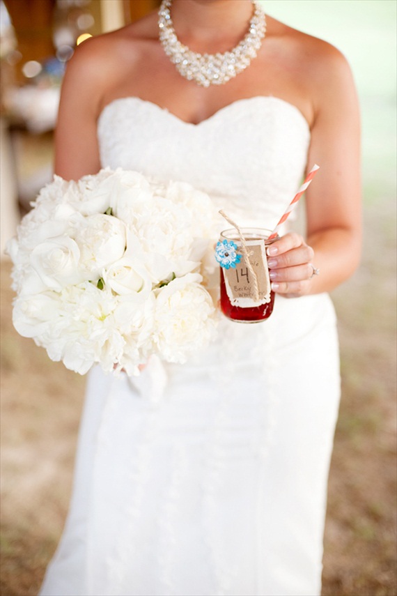 bride with mason jar drinking glass striped straw