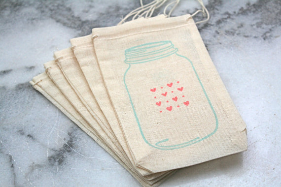 mason jar wedding favor bags muslin drawstring with stamp and hearts