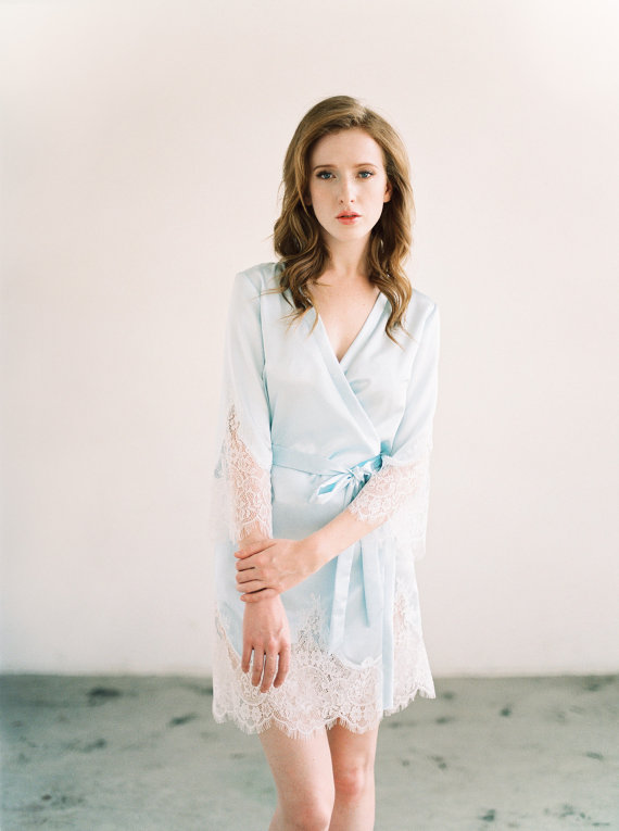 Blue Bridal Robe Getting Ready Before the Wedding