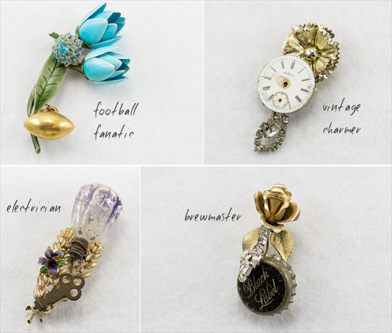 unique wedding boutonnieres - vintage, beer cap boutonniere, football boutonniere, electrician light bulb boutonniere