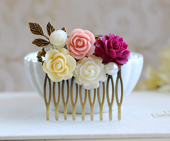 Vintage Style Pink Plum Ivory Rose Flower Hair Comb. Flowers and Brass ...