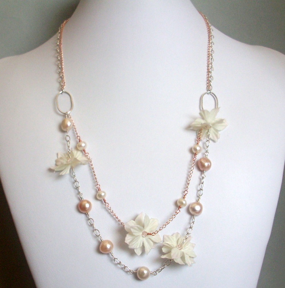 Tickled Freshwater Pearl, Silk Flower, Sterling Silver and 14K Rose ...
