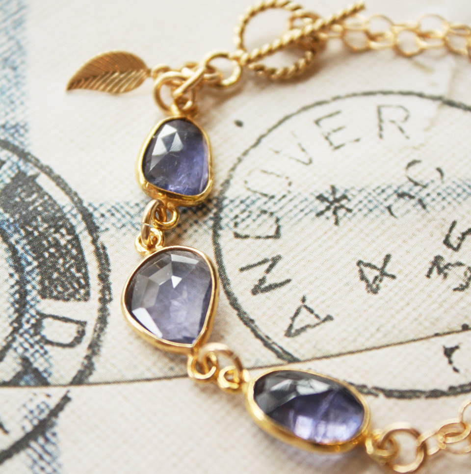 Blue iolite Bracelet - Feather Charm