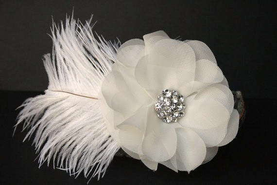 Ivory Ostrich Art Deco Vintage Style Wedding Headband Bandeau main image 0