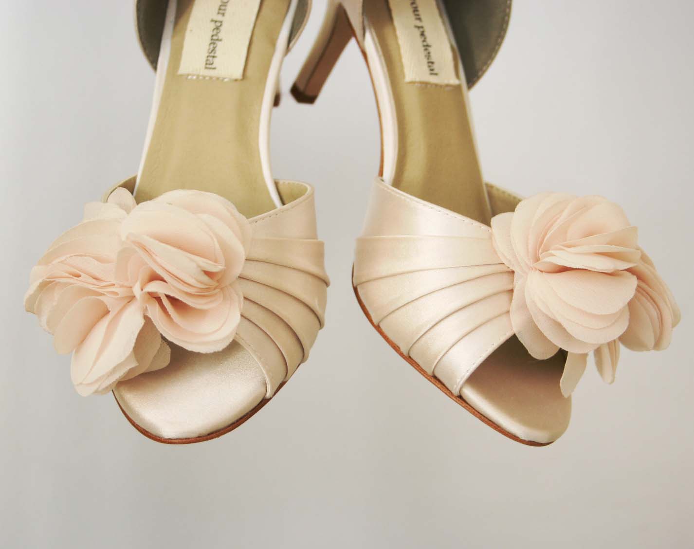 Blush Peep Toe Custom Wedding Shoes with Matching Organza Flower Off ...