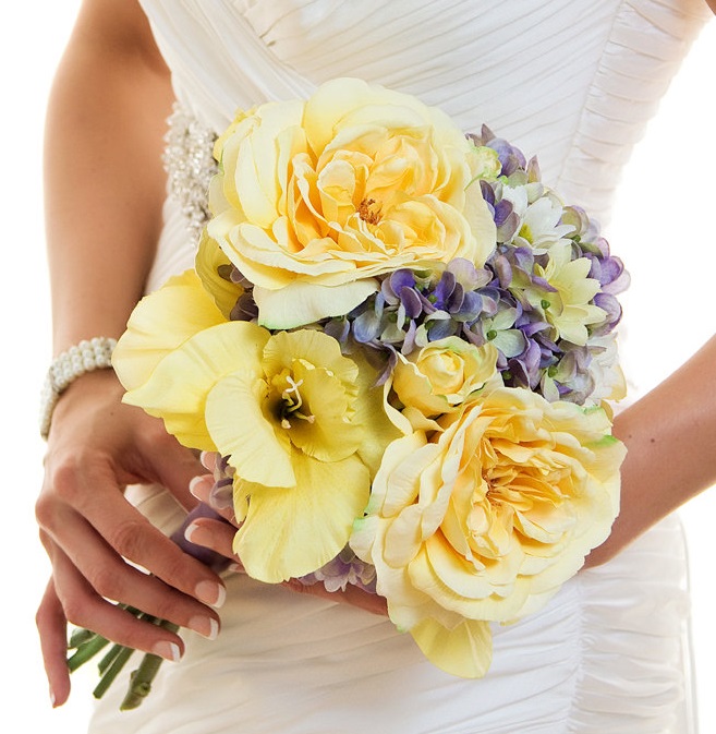 Brooke Purple and yellow rose, gladiolus and hydrangea bouquet with