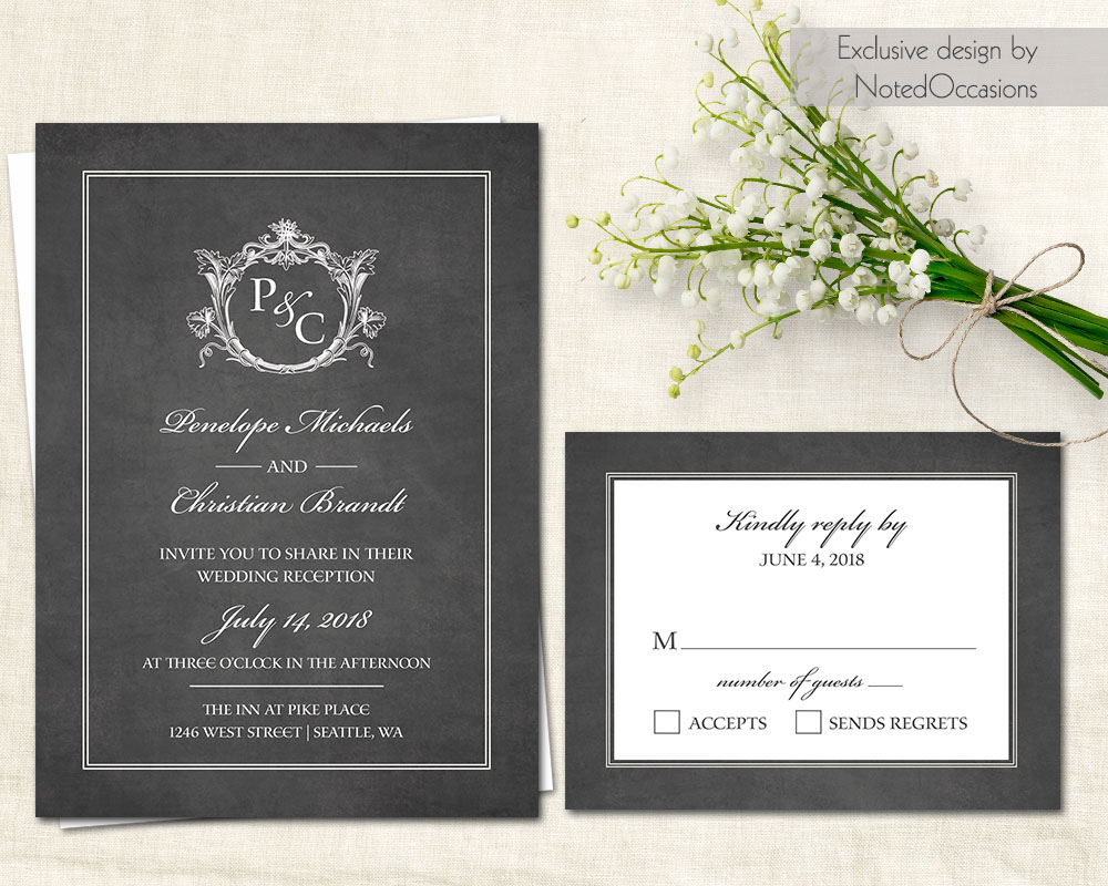 Chalkboard industrial wedding invitation set with vintage appeal