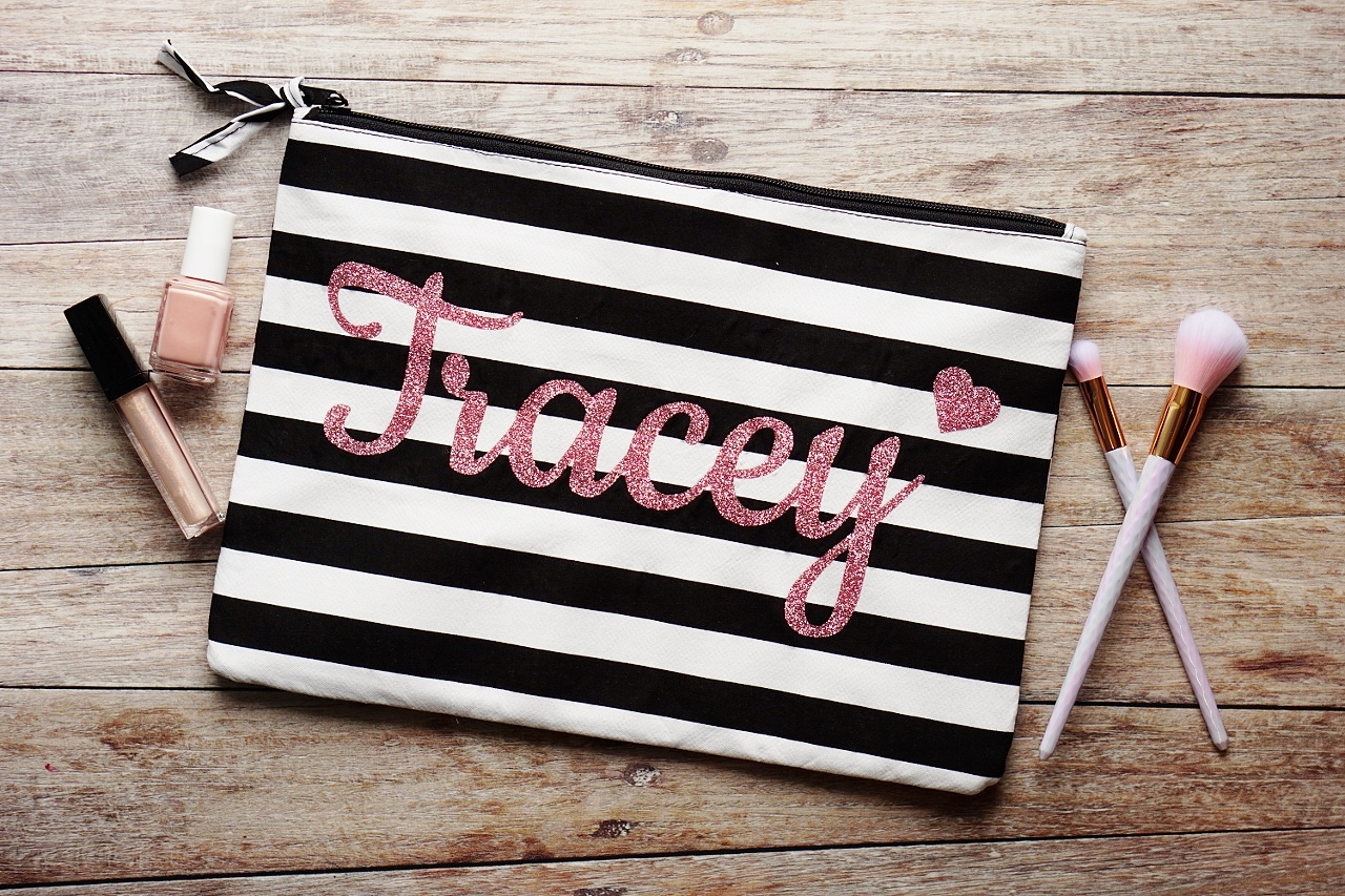 Personalized black and white striped cosmetic bag, personalized ...