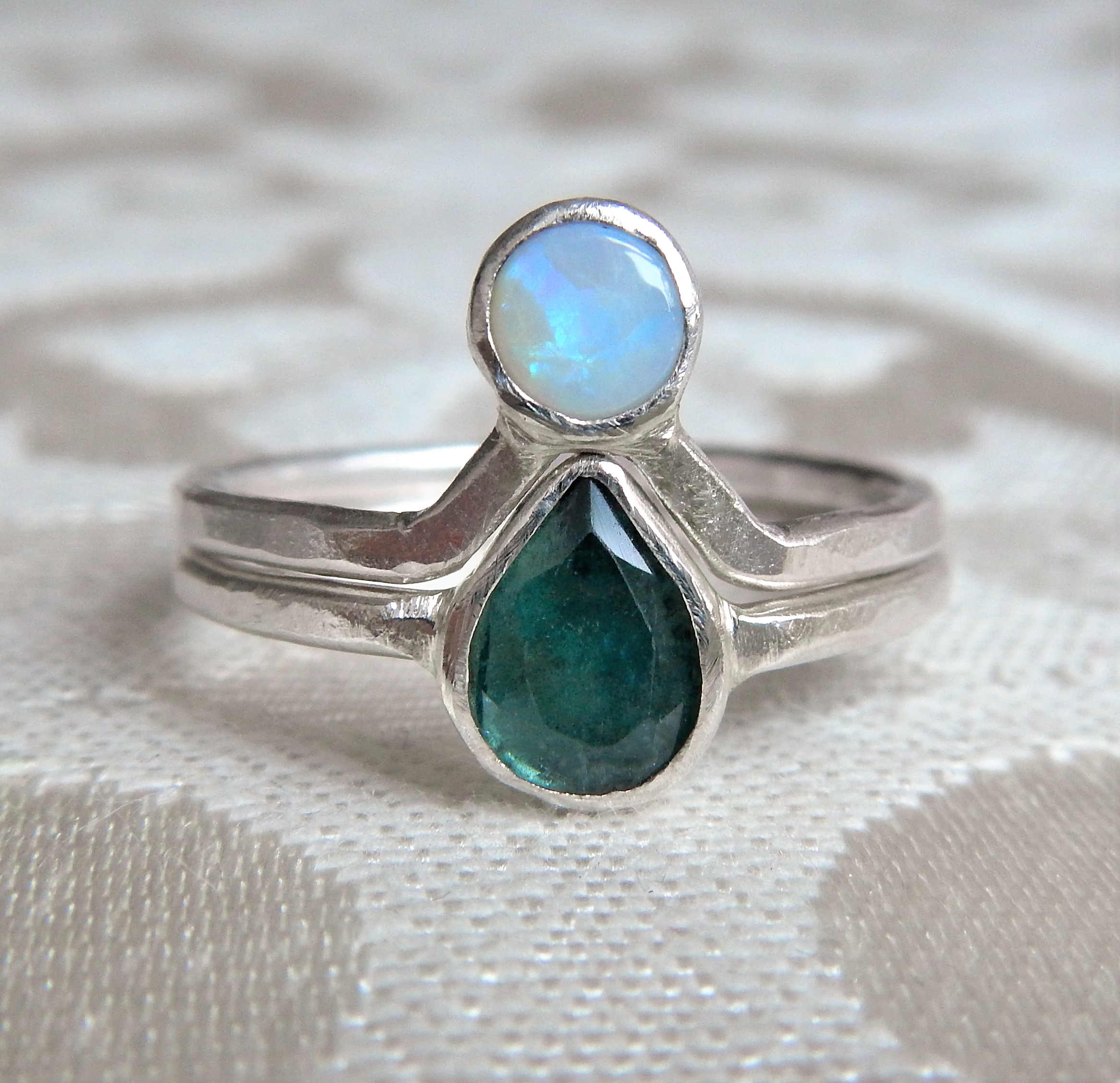 Blue Tourmaline and Opal Engagement Ring Set