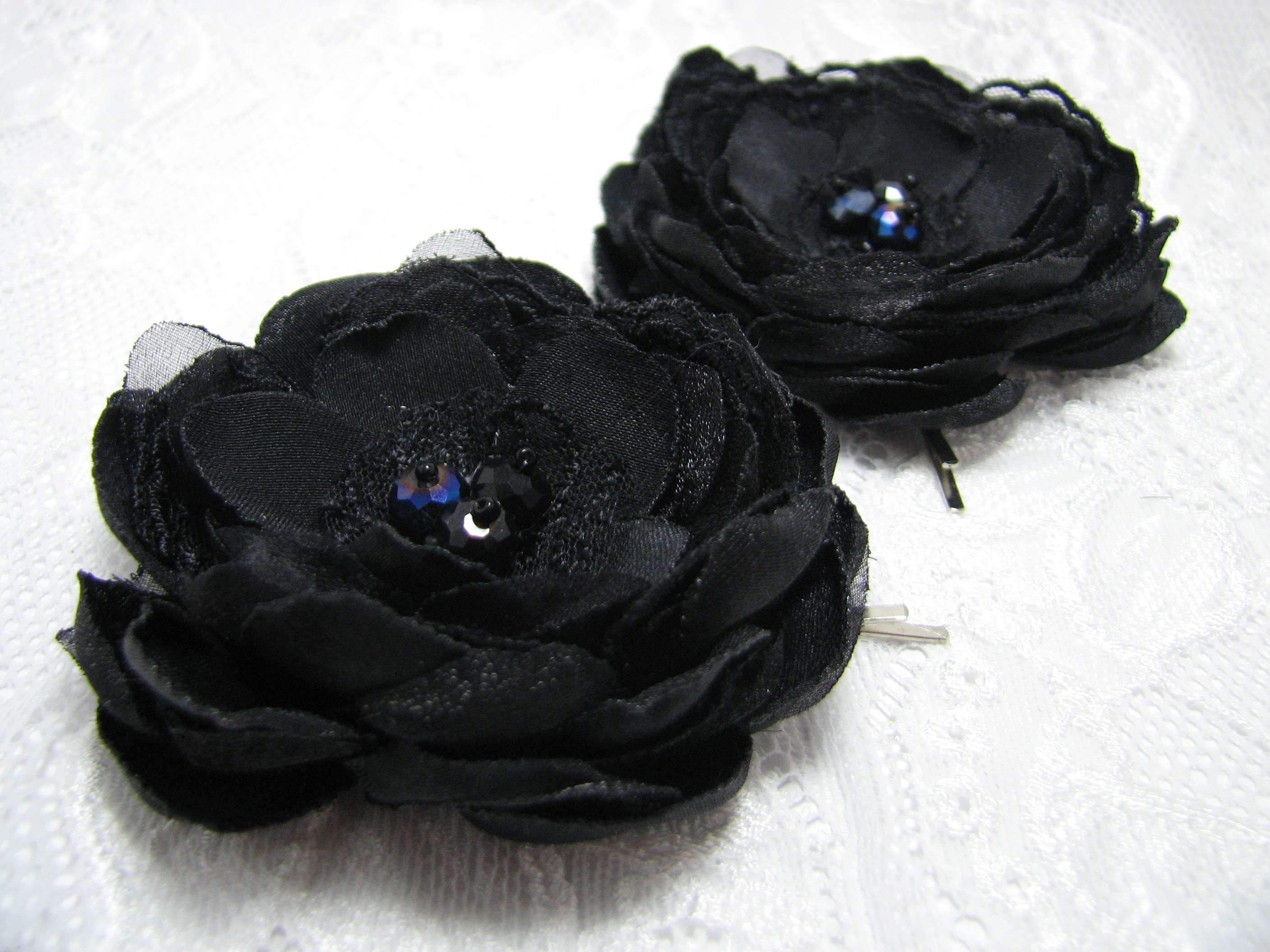 Black bridal headpiece, black fabric flower hair pins, Black wedding