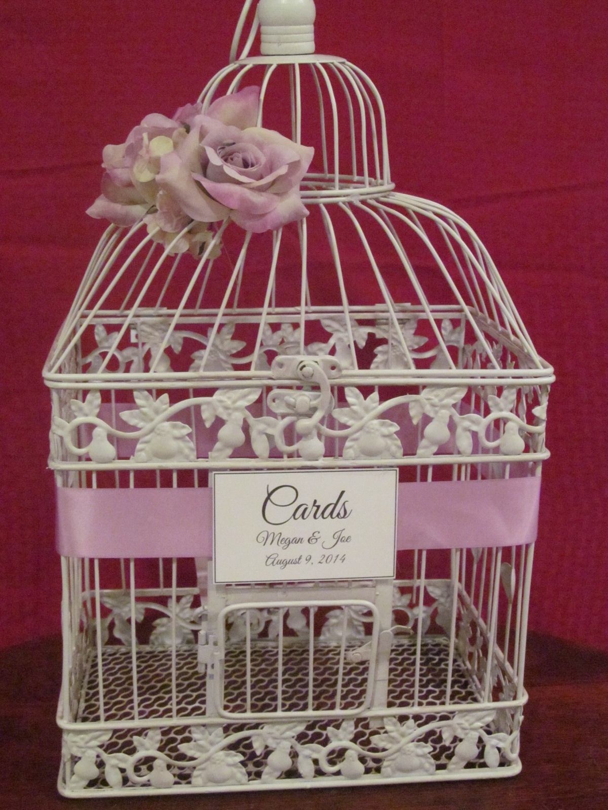 White Birdcage Wedding Card Holder with Lavender Flowers