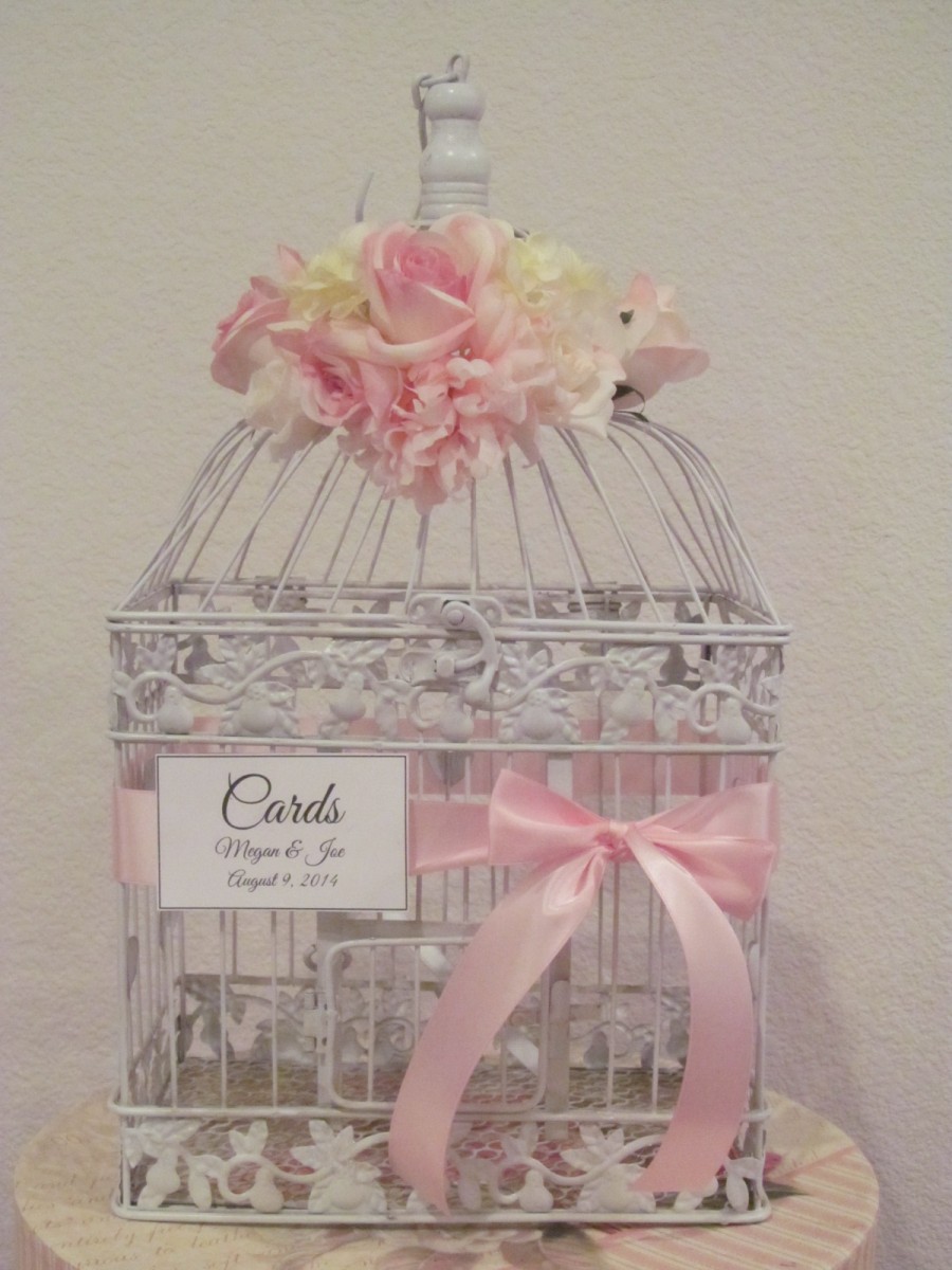 Sweet Shabby Chic Birdcage card Holder with Pink Peonies