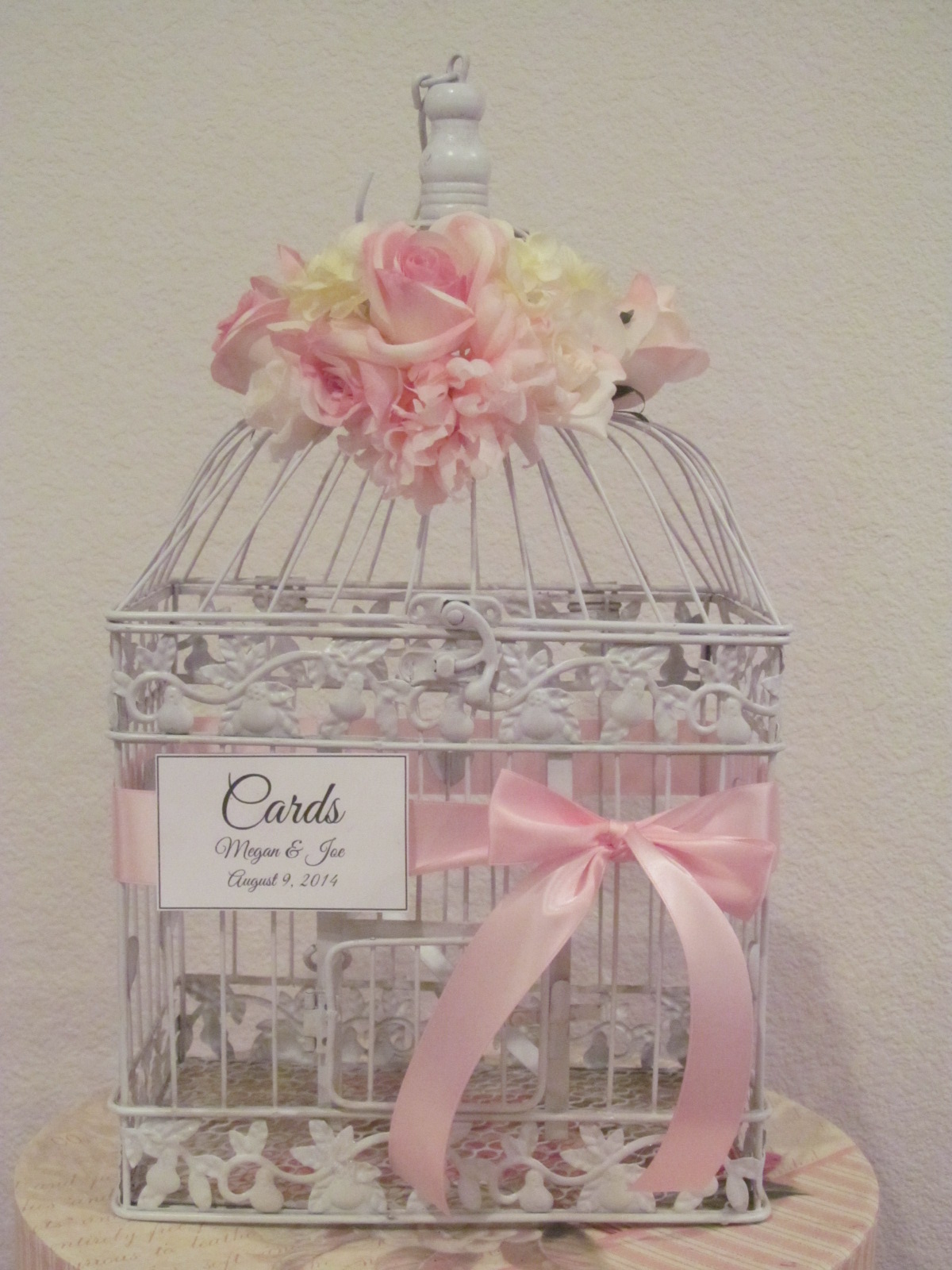 Sweet Shabby Chic Birdcage card Holder with Pink Peonies