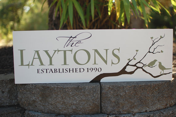 Custom family sign with love birds in tree, last name and established ...