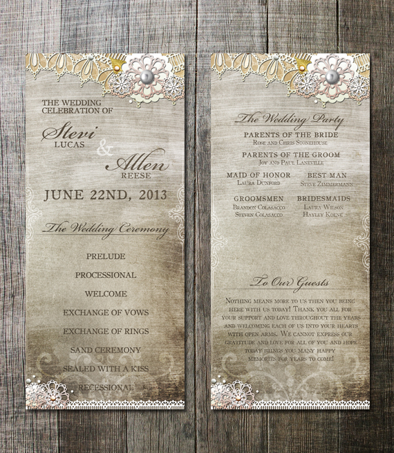 Rustic Light Lace Wedding Program Double Sided Digital