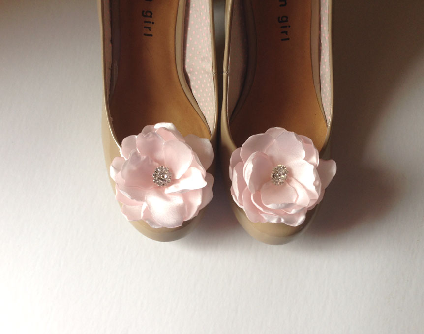 Blush Pink Satin Flower Shoe clips with rhinestone center Handmade ...