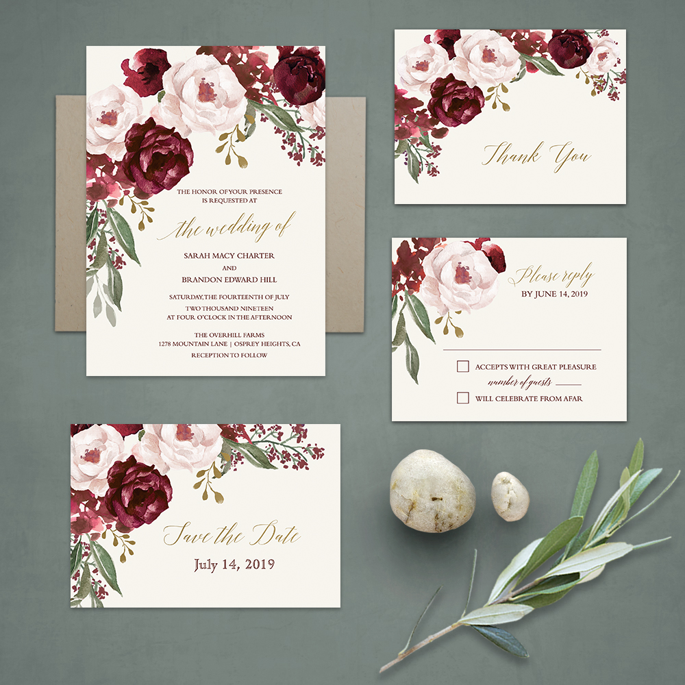 Fall Wedding Invitations Burgundy Wine Gold Blush Floral